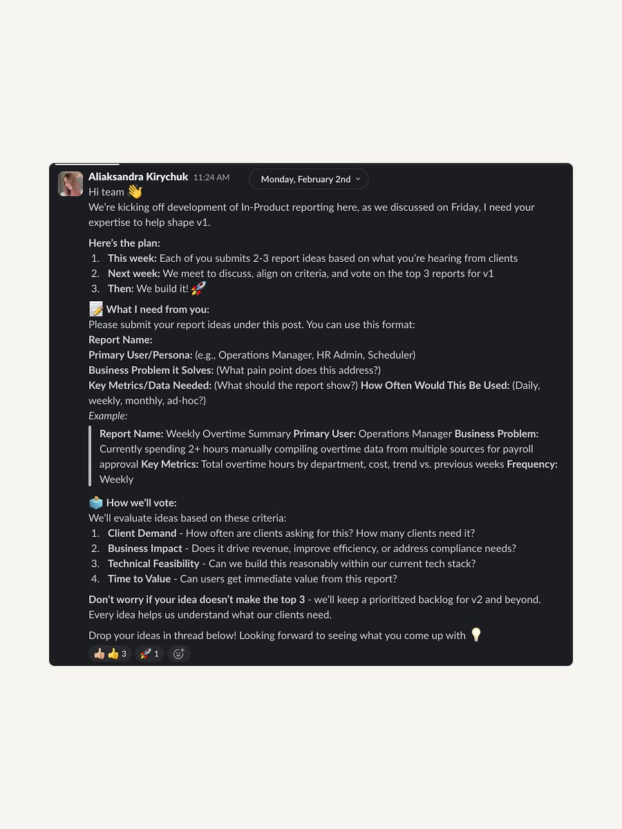 Slack kickoff post to the ops team explaining the reporting v1 plan, a submission format for report ideas, and the criteria the team would use to vote.
